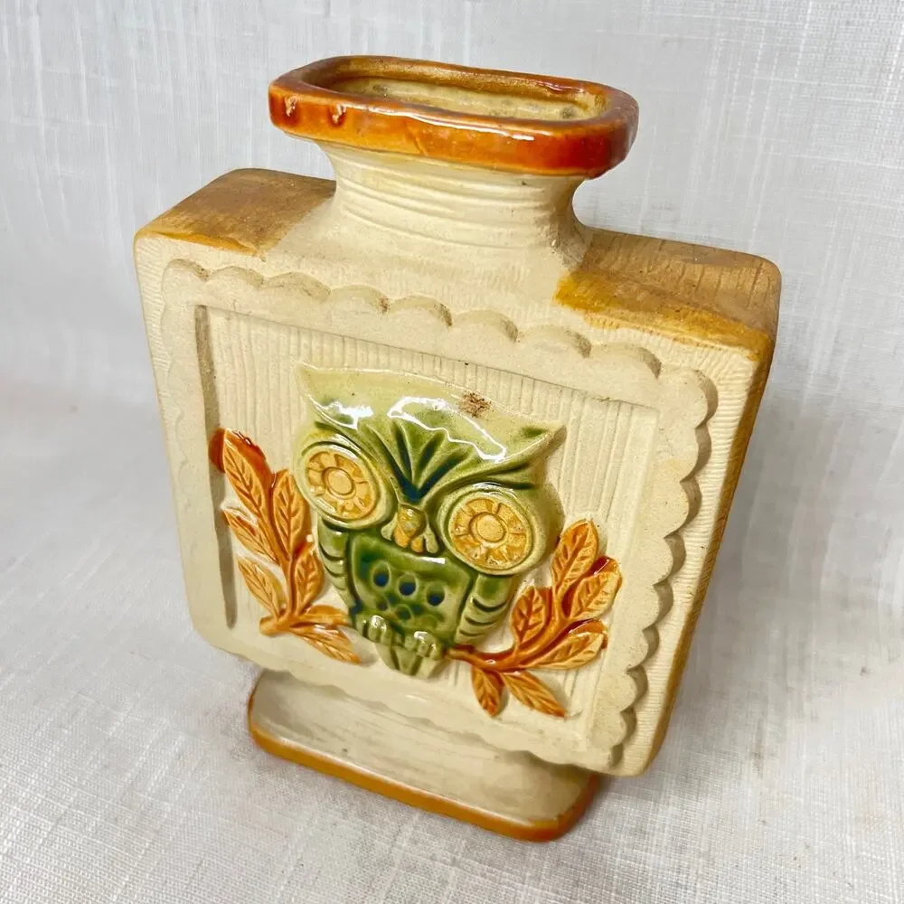 Vintage 70s Owl Vase Square Boho Green Cream Tan Glaze 7 Inches Tall Bohemian - Picture 2 of 9